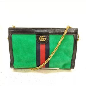 Auth Vintage Gucci Green Suede Web Sherry Line Ophidia Clutch Chainlink Shoulder